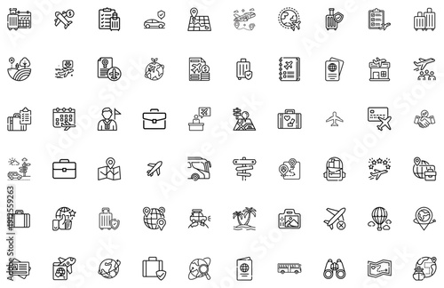 Travel Set Airplane Luggage Passport Map Globe Transportation and Adventure Symbols