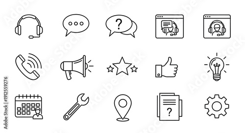 Collection of support and communication icons in a linear style silhouette