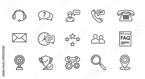 Communication and support icons in a minimalist black style silhouette