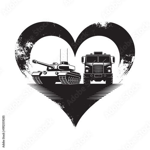 A black and white graphic depicts a tank and military vehicle silhouetted within a heart shape
