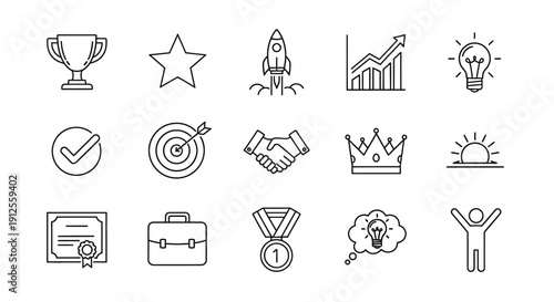 Business success icons including trophy rocket and handshake silhouette