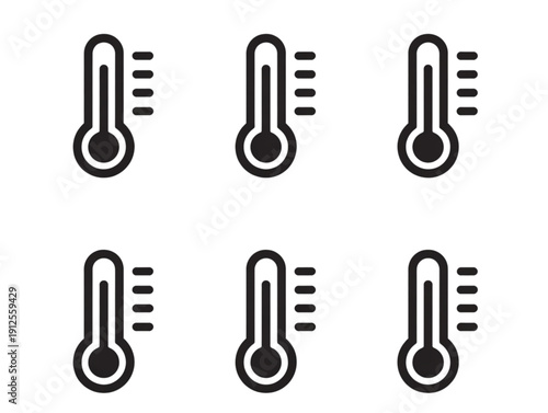 Set of six minimalist black icons, featuring medical thermometers with various level indicators for temperature measurement
