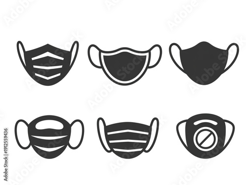 Set of six minimalist black icons, featuring various protective facial masks and medical healthcare safety symbols