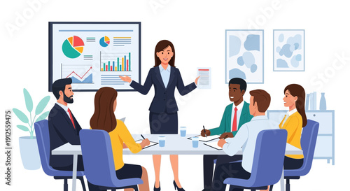 Business meeting with diverse colleagues presenting financial reports and analysis professionally