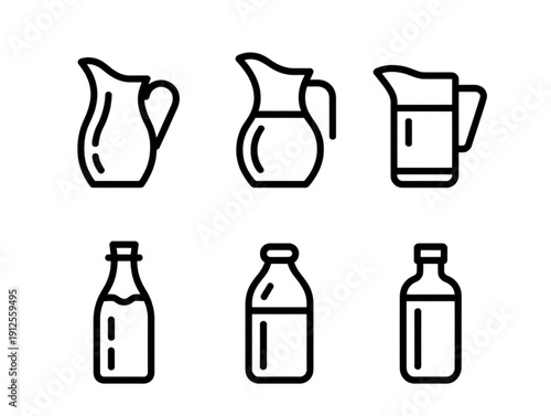 Set of six minimalist line art icons, featuring various kitchen pitchers and glass milk bottle symbols