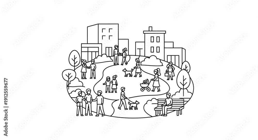 Fototapeta premium City park scene with people and buildings a black silhouette