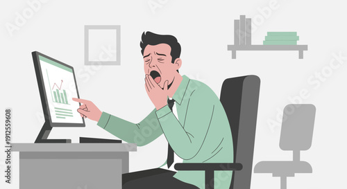 Exhausted businessman yawning in front of computer screen analyzing financial data