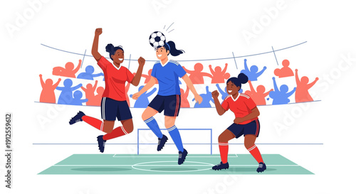 Excited female soccer players celebrate a goal with fans cheering in the background