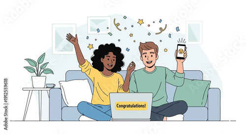 Excited couple celebrating success online with a laptop and mobile phone at home happy mood
