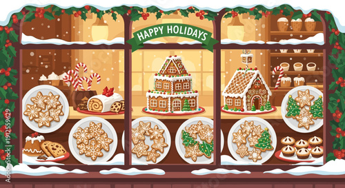 Festive holiday window display showcasing gingerbread houses and decorated cookies bakery delights