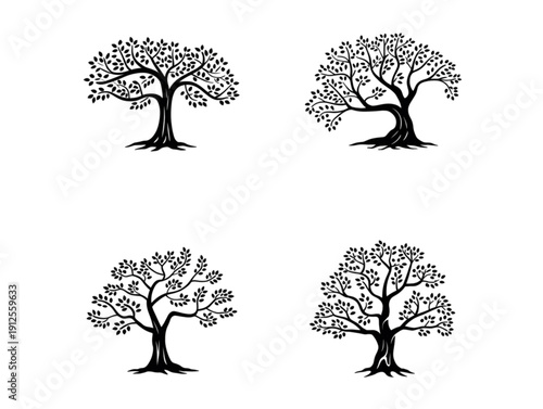 Set of four minimalist black tree silhouettes, featuring detailed leafy branches, roots, and organic trunks