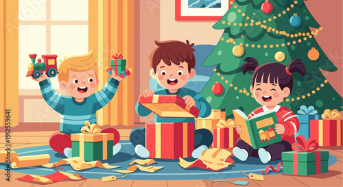Festive joy children opening christmas presents together amidst decorated christmas tree