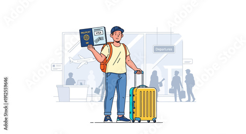 Excited traveler showcasing passport and visa ready for international departure at airport terminal