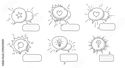 Hand-drawn speech bubble set with star heart bulb question mark chat icons concept for design