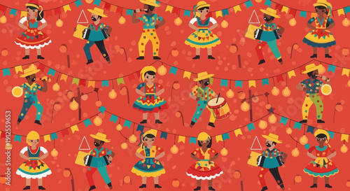 Festive Junina celebration with dancers musicians and colorful decorations on vibrant background