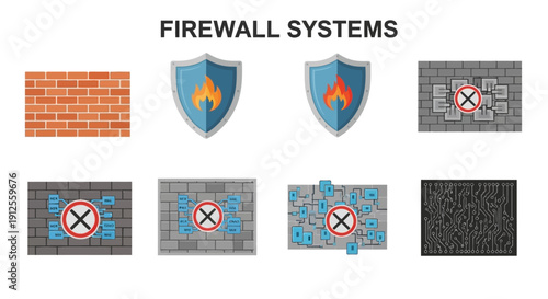 Firewall Security System Illustration Featuring Shield Icons, Network Blocks, Protection Barriers, Warning Symbols, and Digital Infrastructure Representing Cybersecurity Defense, Data Protection, Netw
