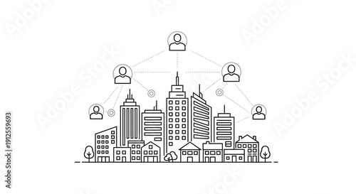 City skyline connected to people represented as head silhouettes