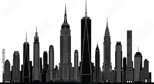 New York City skyline silhouette with iconic skyscrapers isolated on white background, urban architecture cityscape illustration design