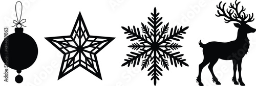 Black Christmas silhouette set with ornament ball, decorative star, detailed snowflake, and reindeer isolated on white background for holiday design