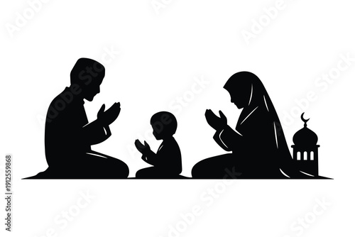 Black silhouette of a muslim family praying together isolated on white background