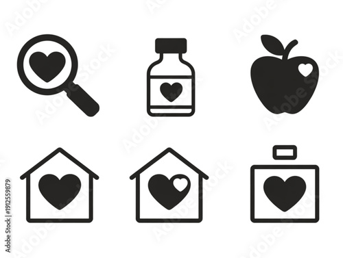 Set of six minimalist black icons, featuring heart symbols for healthcare, charity, medicine, and healthy living