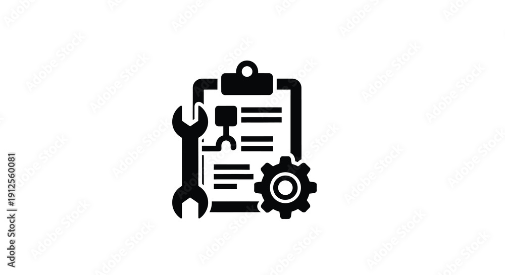 Obraz premium Black icon of clipboard with tools wrench and gear silhouette