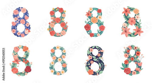 Floral Number Eight Collection for International Women’s Day Vector Set