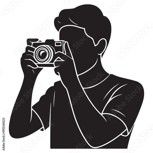 Photographer silhouette taking picture with digital camera vector illustration featuring male figure holding equipment for hobby or career concept
