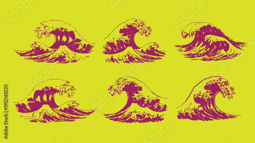 Dynamic Set of Six Stylized Ocean Wave Graphic Illustrations in a Vibrant Two-Tone Color Scheme
