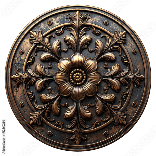 Vintage bronze relief plaque with ornate floral carving and symmetrical filigree patterns on dark background