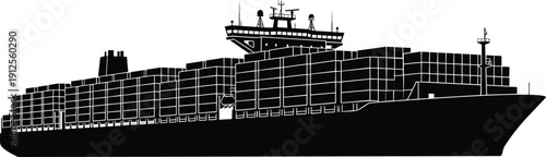 Large container cargo ship silhouette with stacked shipping containers isolated on white background, global maritime logistics transportation concept illustration