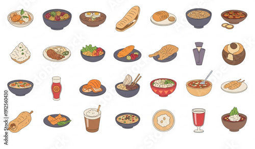 World Food Cuisine Diversity Flat Vector Set with Traditional Dishes
