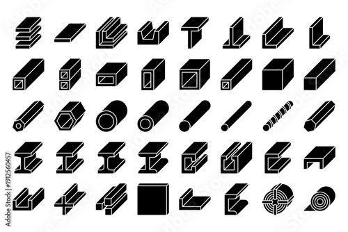 Isometric Solid Steel Beam and Metal Profile Set Industrial Construction Elements