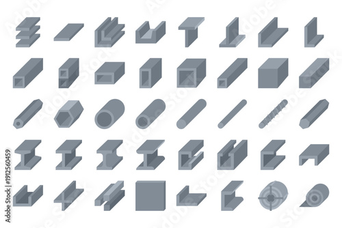 Isometric Flat Steel Beam and Metal Profile Set Industrial Construction Elements
