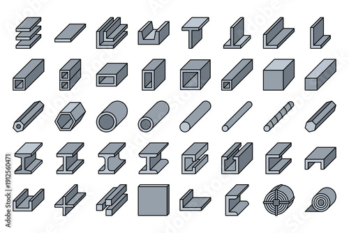 Isometric Filled Outline Steel Beam and Metal Profile Set Industrial Construction Elements