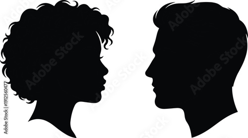 Male and female face profile silhouettes facing each other isolated on white background, human interaction concept illustrationMale and female face profile silhouettes facing each other isolated on wh
