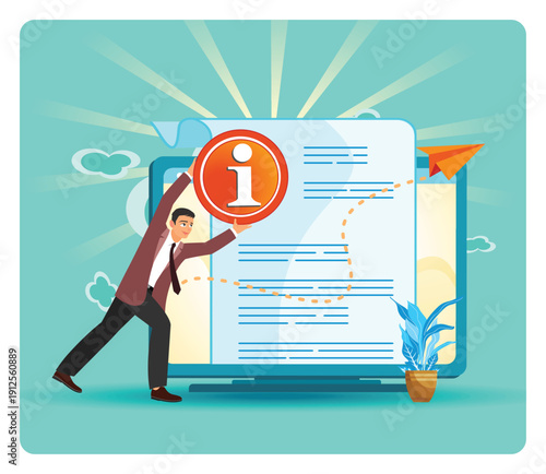 User Guide. Business Leader Presents Information Icon on Large Laptop Screen.