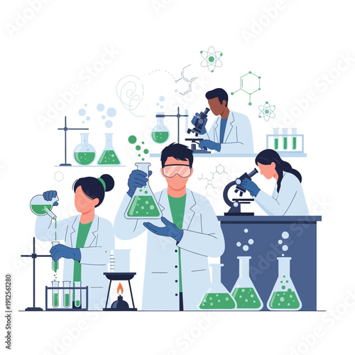 Diverse scientists in lab conducting experiments with green liquids and microscopes