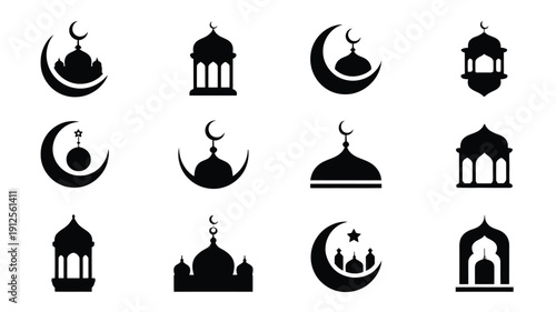 Ramadan silhouette icons set with mosque and crescent moon symbols for best selling designs islamic holy month graphics