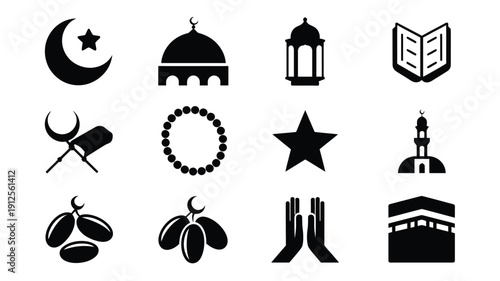 Ramadan silhouette icons set including mosque crescent moon star lantern prayer beads dates and praying hands on white background for islamic design