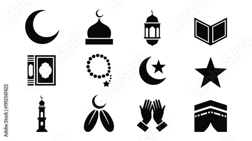 Ramadan silhouette icons set black symbols on white background crescent moon mosque lantern prayer beads star kaaba islamic holy book rosary hands praying minaret spirituality and faith
