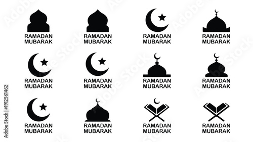 Ramadan mubarak islamic symbols and icons set with mosques crescent moons and stars in black on white background