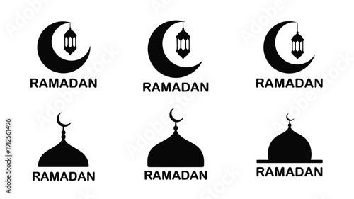 Islamic ramadan black logo silhouettes with crescent moon and lantern mosque domes on white background for festive greeting cards and social media posts
