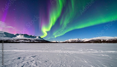 Wallpaper Mural "Northern Lights in vibrant green, pink and purple hues dancing over snowy mountains, river valley and trees under night sky" Torontodigital.ca