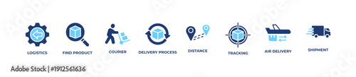 Logistics icon banner web icon vector featuring supply chain, delivery process, courier, tracking, distance, air delivery, and shipment. Clean black outline icons suitable for logistics companies