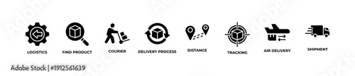 Logistics icon banner web icon vector featuring supply chain, delivery process, courier, tracking, distance, air delivery, and shipment. Clean black outline icons suitable for logistics companies