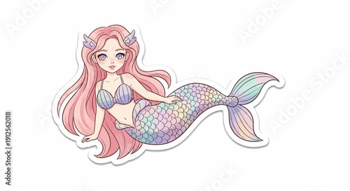 Charming Mermaid Illustration with Pastel Rainbow Tail and Pink Hair