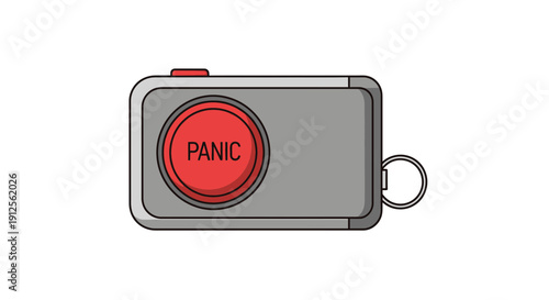 Emergency panic button device with a prominent red button labeled 'PANIC' for immediate alert, attached to a keychain loop
