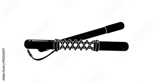 Black and white illustration of a baton with a coiled spring and strap