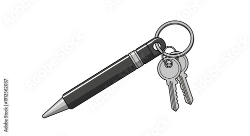 Black pen and keys attached to a keyring on a transparent background, viewed from a slight angle.